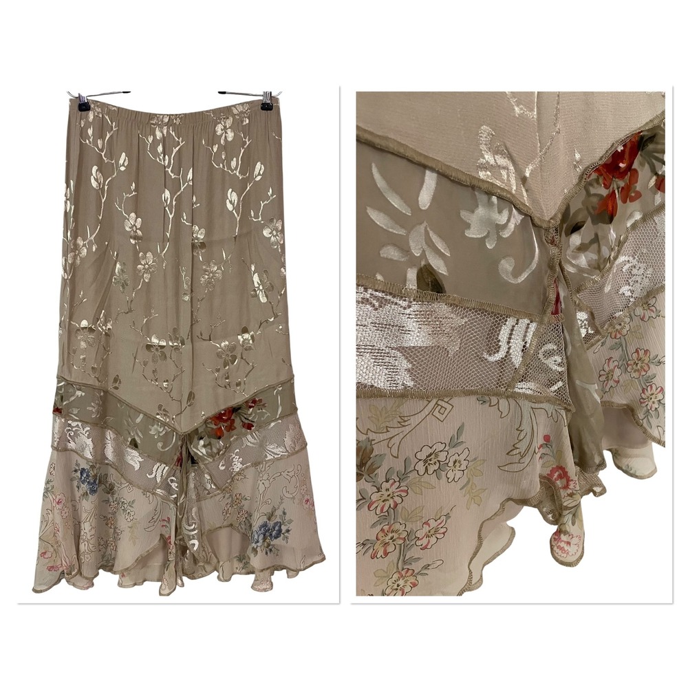 Spencer Alexis Silk Blend Floral Patchwork Velvet Burnout Maxi Skirt Boho Art L